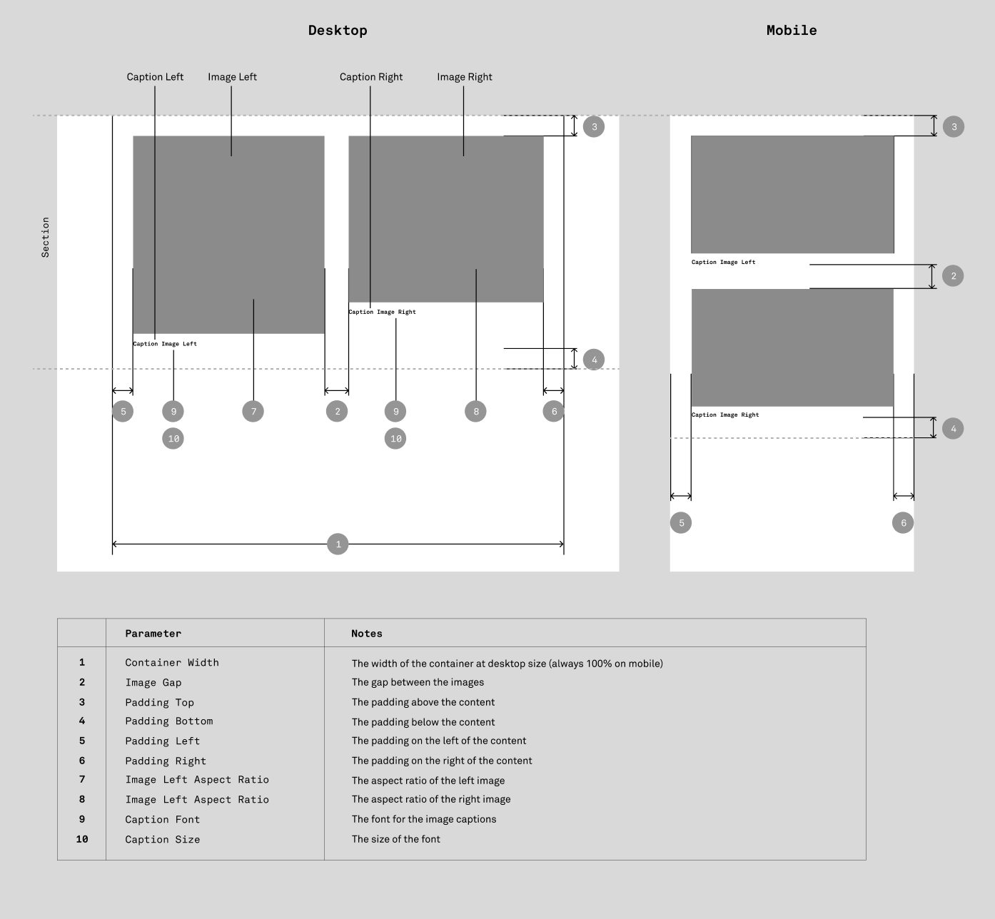 Two Images section styling parameters